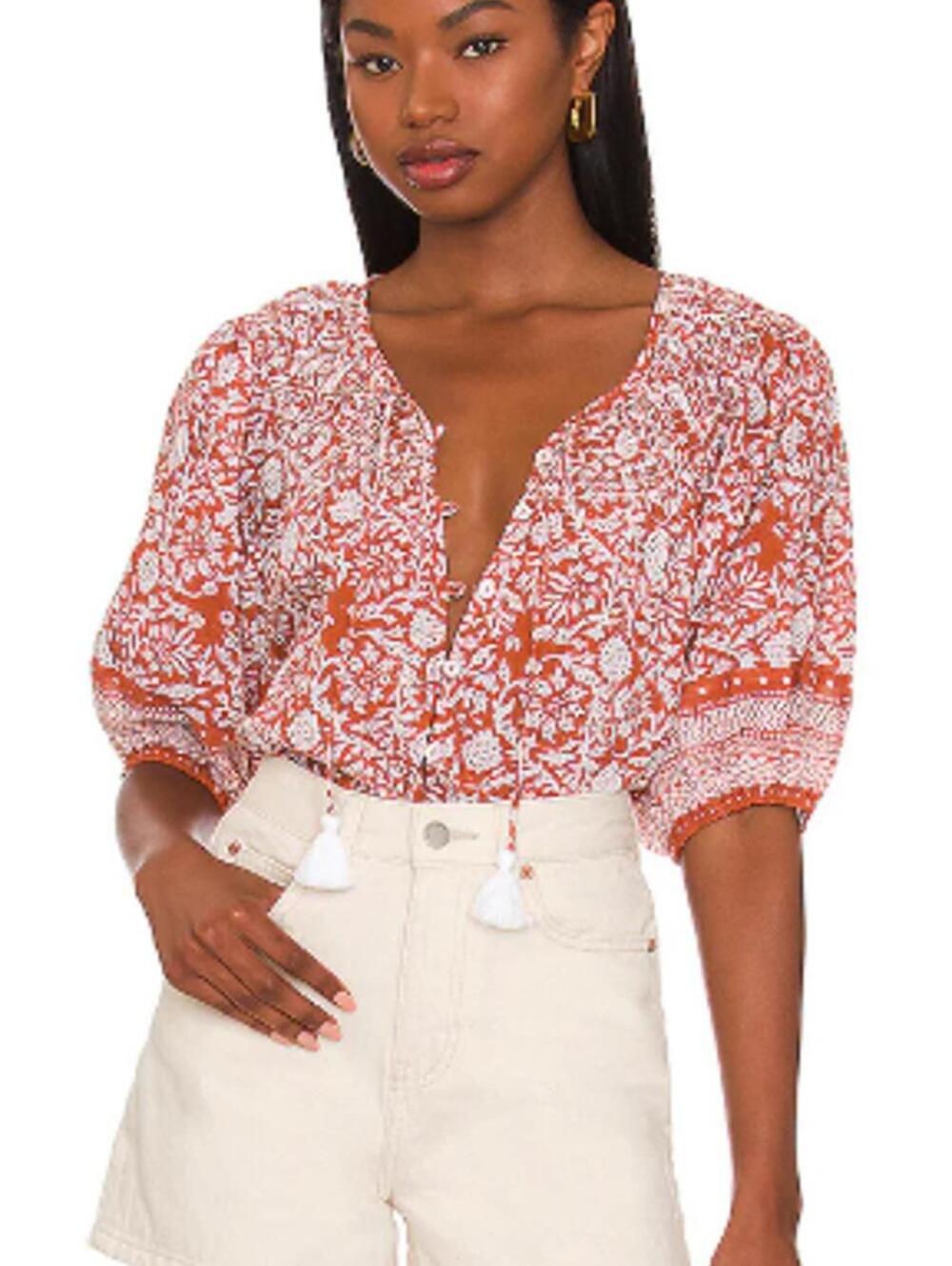 Cleobella Orange & White Cotton Adele Anila Block Print Blouse - Size - Small